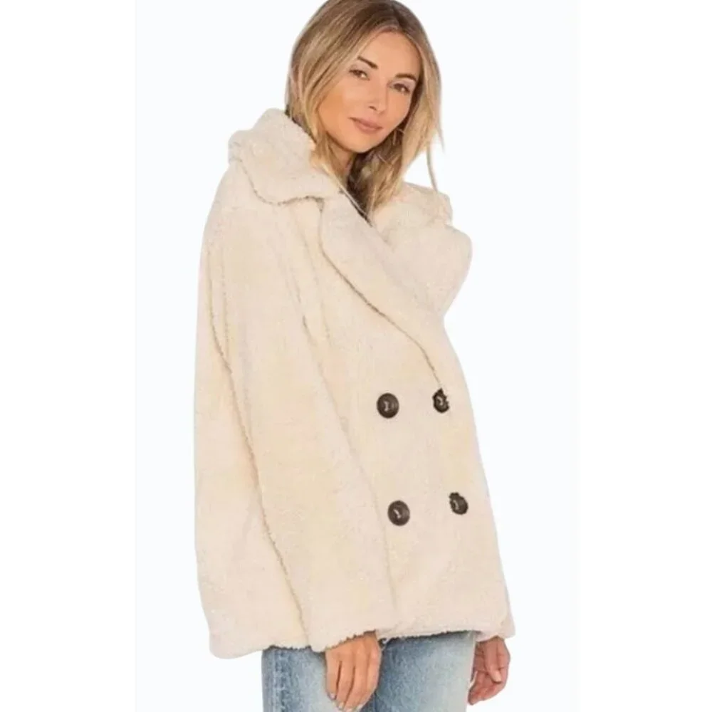 Free People Teddy Sherpa Pea Coat Oatmeal XS Cozy & Soft Double Breasted Jacket - Picture 2 of 11